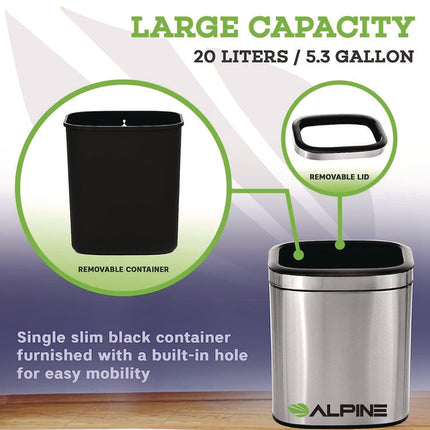Stainless Steel Rectangular Liner Open Top Trash Can, 5.3 gal, Brushed Stainless Steel