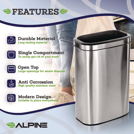 Stainless Steel Rectangular Liner Open Top Trash Can, 10.5 gal, Brushed Stainless Steel