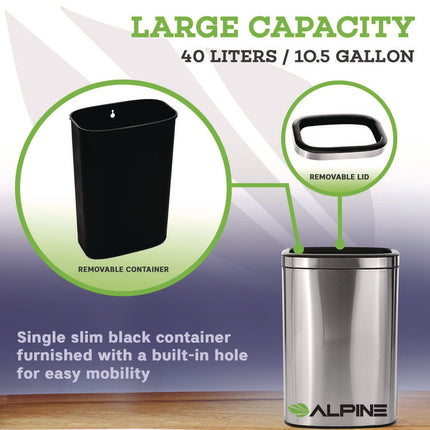 Stainless Steel Rectangular Liner Open Top Trash Can, 10.5 gal, Brushed Stainless Steel