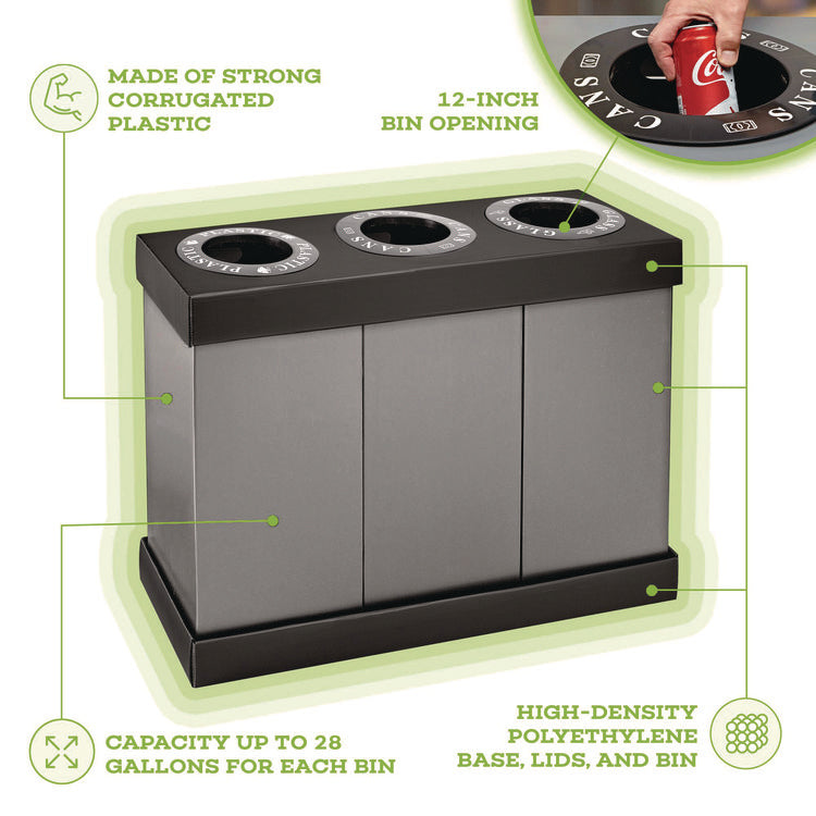 28 Gal. Indoor Trash Cans and Recycling Bins, Corrugated Polypropylene, Gray, 3 Bin