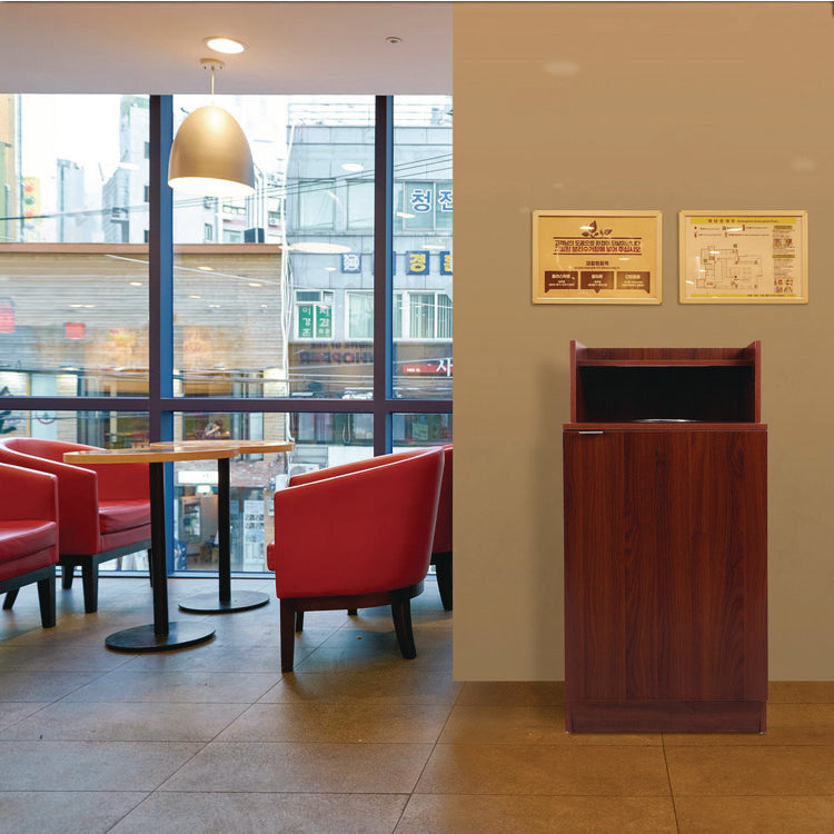 32 Gallon Wooden Enclosed Waste Receptacle with Drop Hole, Mahogany