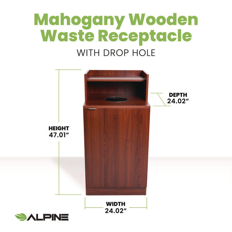 32 Gallon Wooden Enclosed Waste Receptacle with Drop Hole, Mahogany