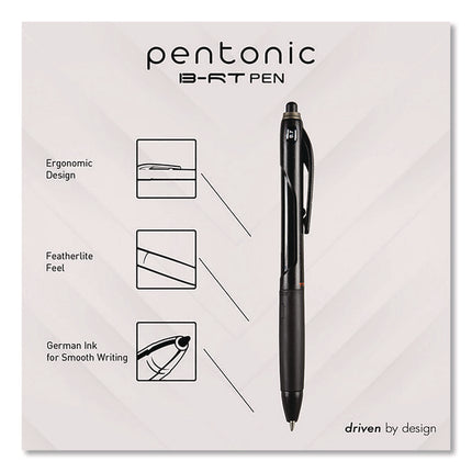 PENTONIC Ballpoint Pen, Retractable, Fine 0.7 mm, Black Ink, Black Barrel, 12/Pack
