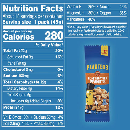 Honey Roasted Peanuts, 1.75 oz Tube, 18/Box