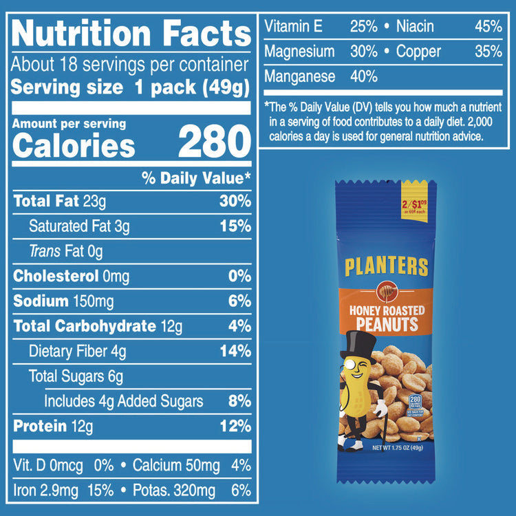 Honey Roasted Peanuts, 1.75 oz Tube, 18/Box