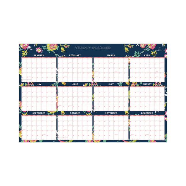Day Designer Peyton Laminated Erasable Wall Calendar, Floral Artwork, 36 x 24, White/Navy Sheets, 12-Month (Jan to Dec): 2025