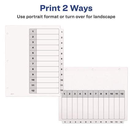 Customizable Table of Contents Ready Index Black and White Dividers, 12-Tab, 1 to 12, 11 x 8.5, White, 6 Sets