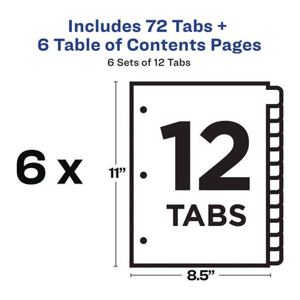 Customizable Table of Contents Ready Index Black and White Dividers, 12-Tab, 1 to 12, 11 x 8.5, White, 6 Sets