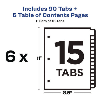 Customizable Table of Contents Ready Index Black and White Dividers, 15-Tab, 1 to 15, 11 x 8.5, White, 6 Sets