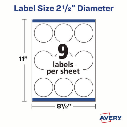 Laser/Inkjet Media Labels, Inkjet/Laser Printers, 2.5" dia, Matte White, 9 Labels/Sheet, 25 Sheets/Pack