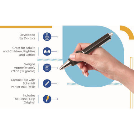 The Pencil Grip Heavyweight Ballpoint Pen with Patented Grip, Retractable, Medium 0.7mm, Black Ink, Black/Silver Barrel, 8/CT