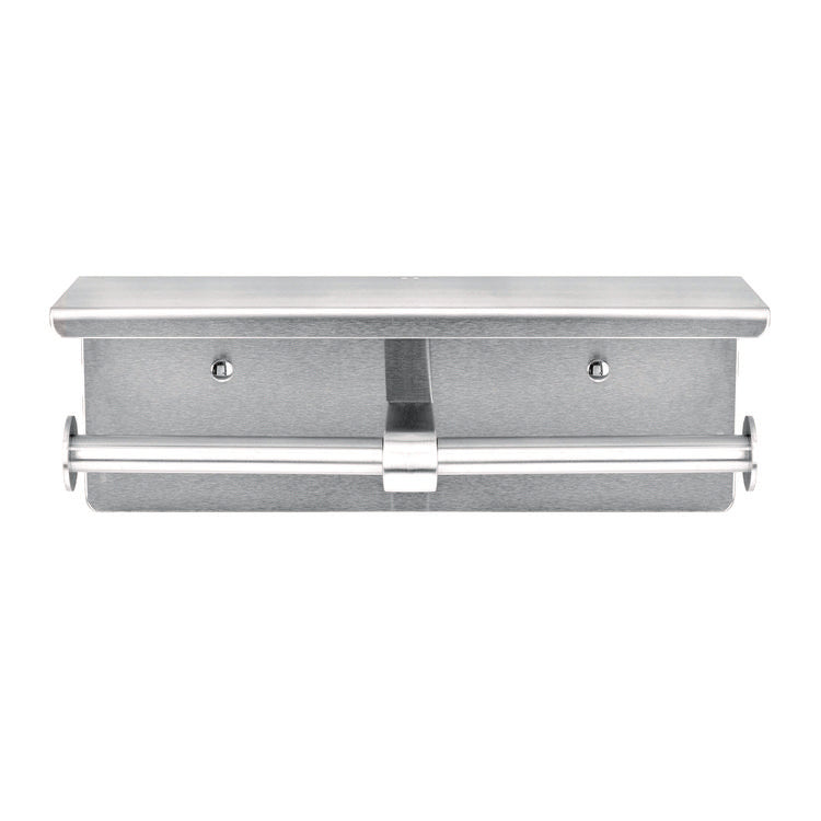 Double Post Toilet Paper Holder with Shelf Storage Rack, 3.87 x 10.5 x 3.95, Brushed Stainless Steel