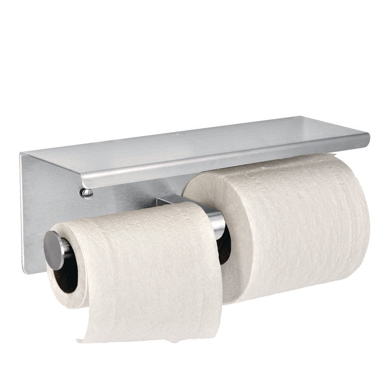 Double Post Toilet Paper Holder with Shelf Storage Rack, 3.87 x 10.5 x 3.95, Brushed Stainless Steel