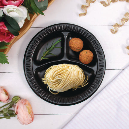 Quiet Classic Laminated Foam Dinnerware, 3-Compartment Plate, 9" dia, Black, 125/Sleeve, 4 Sleeves/Carton