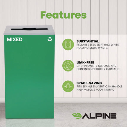 29 Gallon Trash/Recycling Cans, Steel, Green Mixed Recycling Can with Mixed Lid