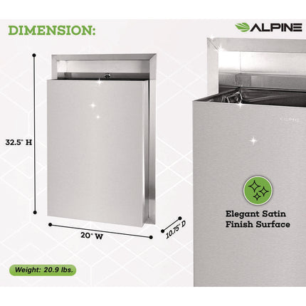 Stainless Steel Recessed 12 Gal Leak-Proof Waste Receptacle, Brushed Stainless Steel