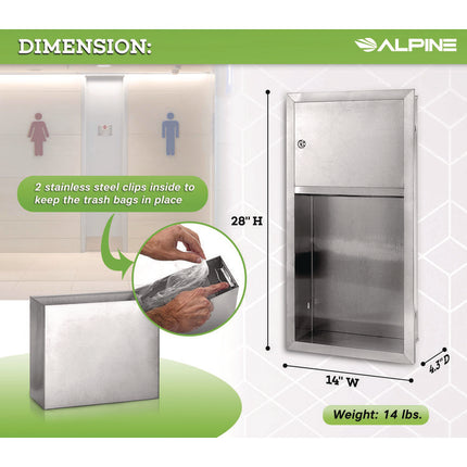 Recessed Commercial Paper Towel Dispenser with 2 Gal Waste Receptacle, 28 x 4.3 x 14, Stainless Steel