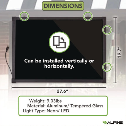 LED Illuminated Hanging Message Writing Board, Black 26" x 18" Surface, Black 27.6" x 19.7" Frame