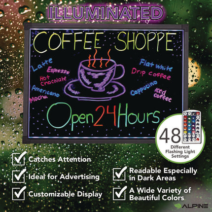 LED Illuminated Hanging Message Writing Board, Black 26" x 18" Surface, Black 27.6" x 19.7" Frame