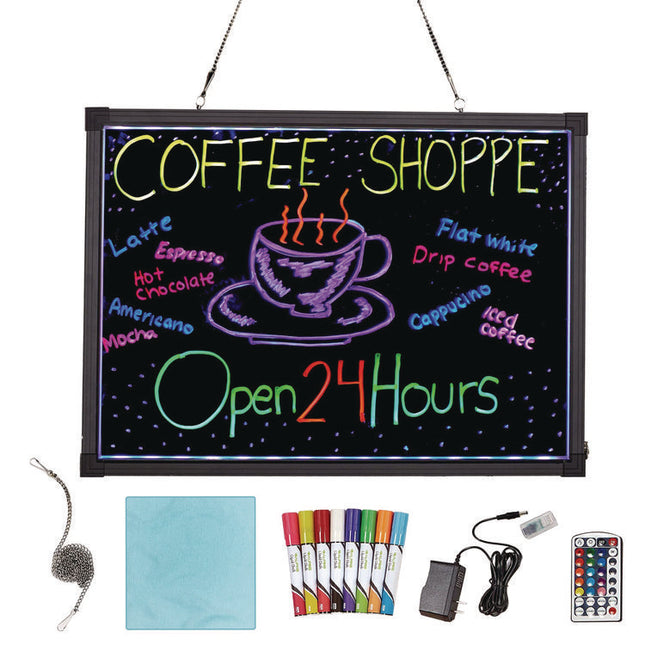 LED Illuminated Hanging Message Writing Board, Black 26" x 18" Surface, Black 27.6" x 19.7" Frame
