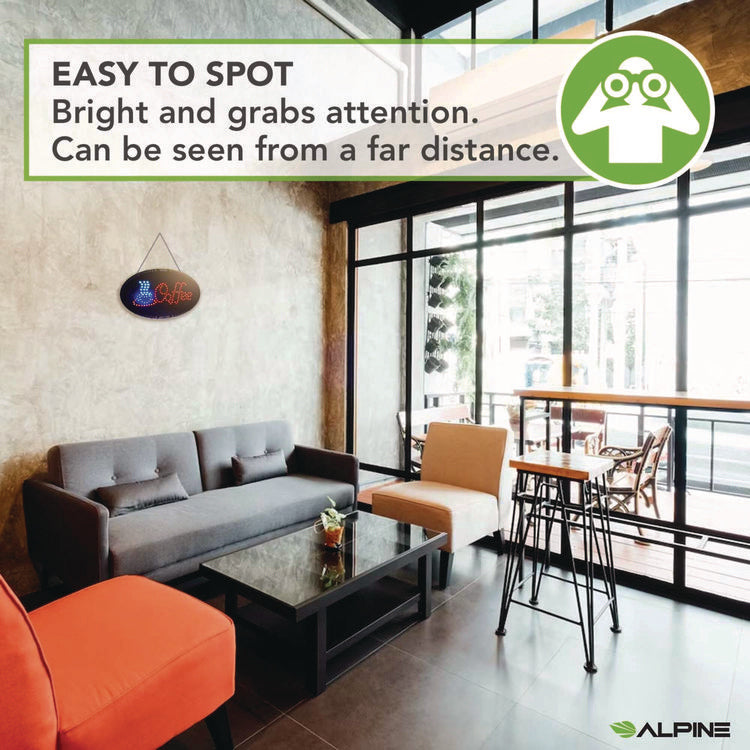 LED Oval Coffee Sign, 23 x 14, Black Frame, Blue/Red Graphics