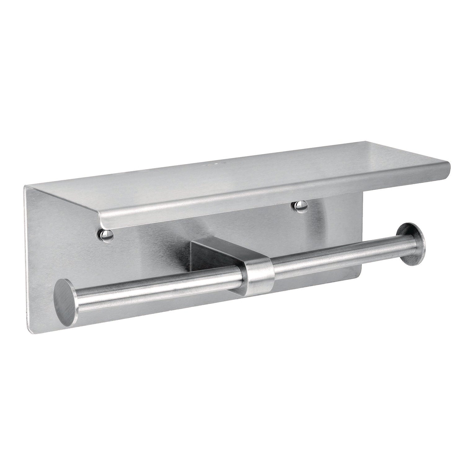 Double Post Toilet Paper Holder with Shelf Storage Rack, 3.87 x 10.5 x 3.95, Brushed Stainless Steel