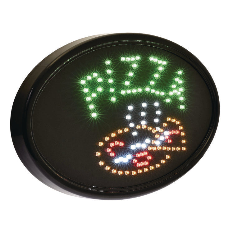 LED Oval Pizza Sign, 23 x 14, Black Frame, Green/Orange/Red/White Graphics