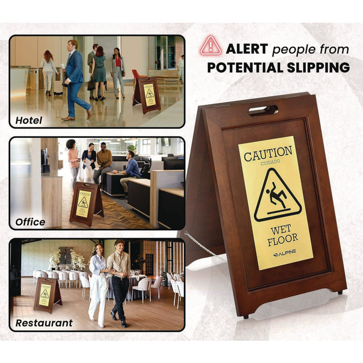 2-Sided Plated Wooden A-Frame Bilingual Wet Floor Sign, 15 x 2 x 24, Brass