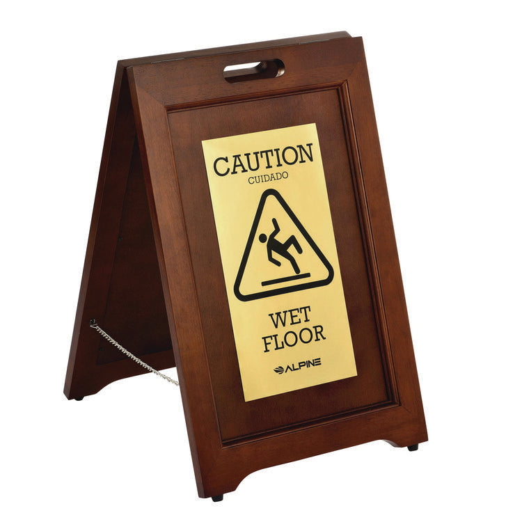 2-Sided Plated Wooden A-Frame Bilingual Wet Floor Sign, 15 x 2 x 24, Brass