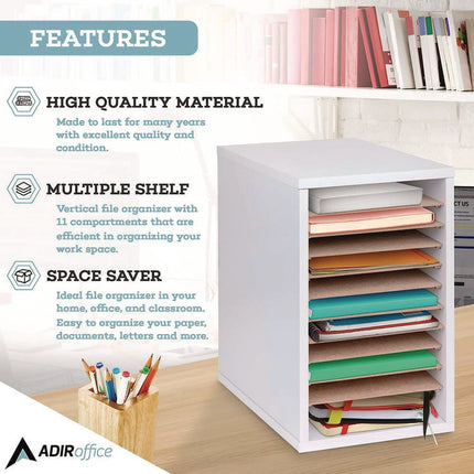 11 Compartment Wood Mail Paper Sorter Literature Organizer, 11 Sections, Letter Size, 10.75 x 11.75 x 16.2, White