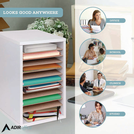 11 Compartment Wood Mail Paper Sorter Literature Organizer, 11 Sections, Letter Size, 10.75 x 11.75 x 16.2, White