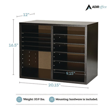 Wood Adjustable 12 Compartment Literature Organizer, 12 Sections, Letter Size, 20 x 11.8 x 16.3, Black