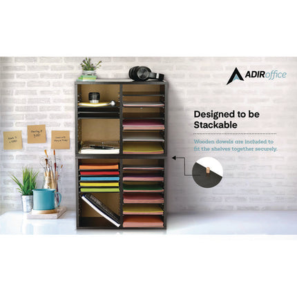Wood Adjustable 12 Compartment Literature Organizer, 12 Sections, Letter Size, 20 x 11.8 x 16.3, Black