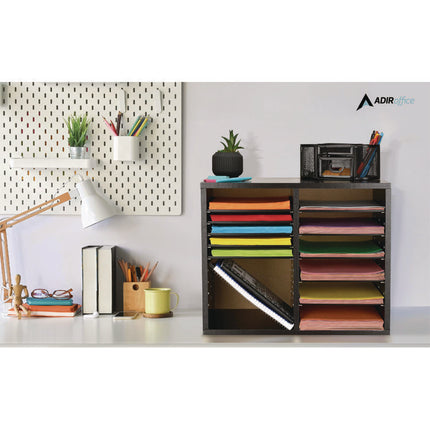 Wood Adjustable 12 Compartment Literature Organizer, 12 Sections, Letter Size, 20 x 11.8 x 16.3, Black