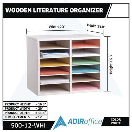 Wood Adjustable 12 Compartment Literature Organizer, 12 Sections, Letter Size, 20 x 11.8 x 16.3, White