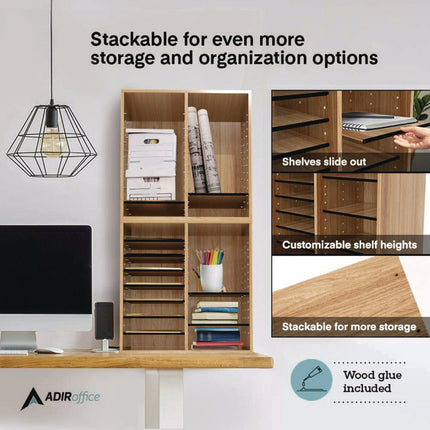 Wood Adjustable 16 Compartment Literature Organizer, 16 Sections, Letter Size, 20 x 11.8 x 21.4, Medium Oak