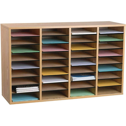 Wood Adjustable 36 Compartment Literature Organizer, 36 Sections, Letter Size, 39.3 x 11.8 x 23.9, Medium Oak
