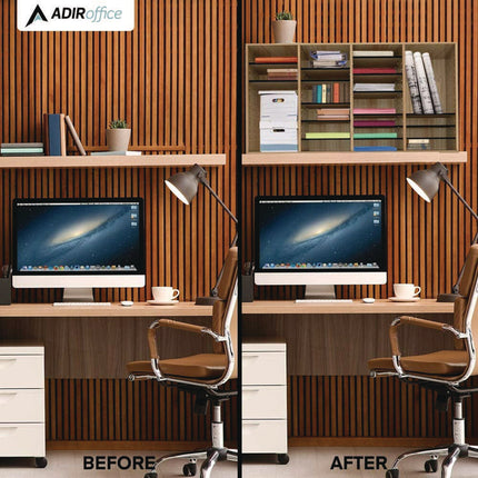 Wood Adjustable 36 Compartment Literature Organizer, 36 Sections, Letter Size, 39.3 x 11.8 x 23.9, Medium Oak