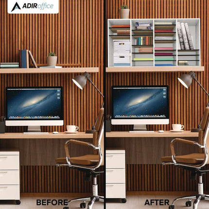Wood Adjustable 36 Compartment Literature Organizer, 36 Sections, Letter Size, 39.3 x 11.8 x 23.9, White
