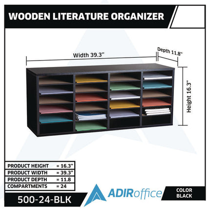Wood Adjustable 24 Compartment Literature Organizer, 24 Sections, Letter Size, 39.3 x 11.8 x 16.3, Black