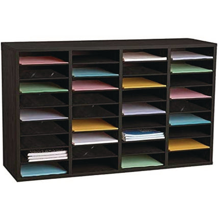 Wood Adjustable 36 Compartment Literature Organizer, 36 Sections, Letter Size, 39.3 x 11.8 x 23.9, Black