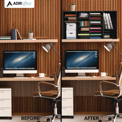 Wood Adjustable 36 Compartment Literature Organizer, 36 Sections, Letter Size, 39.3 x 11.8 x 23.9, Black