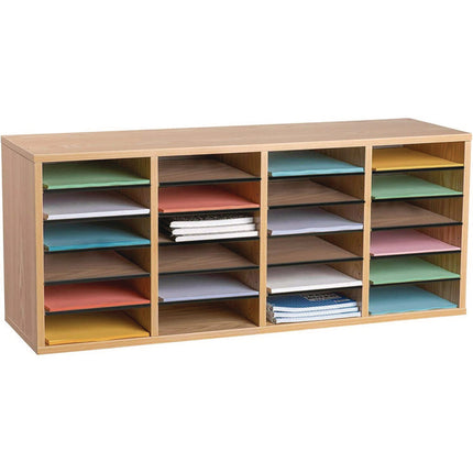 Wood Adjustable 24 Compartment Literature Organizer, 24 Sections, Letter Size, 39.3 x 11.8 x 16.3, Medium Oak