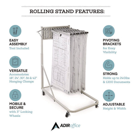Blueprint Storage Cabinet Rolling Stand, Assorted Document Sizes Accommodated, 27" x 28.5" to 46.5" x 46" to 66", Gray
