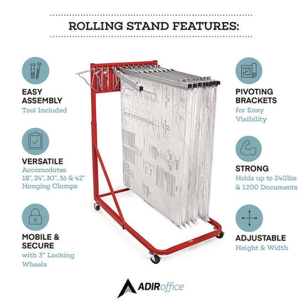 Blueprint Storage Cabinet Rolling Stand, Assorted Document Sizes Accomodated, 27" x 28.5" to 46.5" x 46" to 66", Red