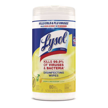 Disinfecting Wipes, 1-Ply, 7 x 7.25, Lemon and Lime Blossom, White, 80 Wipes/Canister, 6 Canisters/Carton