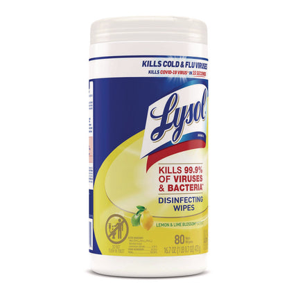 Disinfecting Wipes, 1-Ply, 7 x 7.25, Lemon and Lime Blossom, White, 80 Wipes/Canister, 6 Canisters/Carton