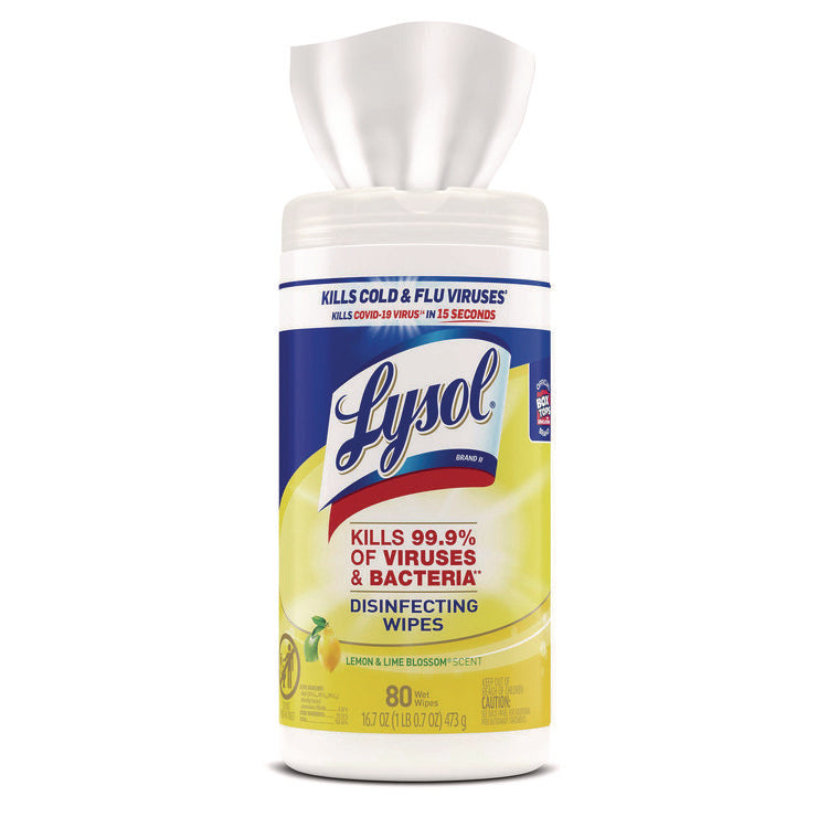 Disinfecting Wipes, 1-Ply, 7 x 7.25, Lemon and Lime Blossom, White, 80 Wipes/Canister, 6 Canisters/Carton