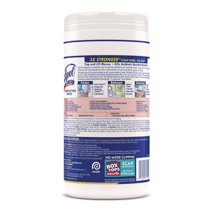 Disinfecting Wipes, 1-Ply, 7 x 7.25, Lemon and Lime Blossom, White, 80 Wipes/Canister, 6 Canisters/Carton