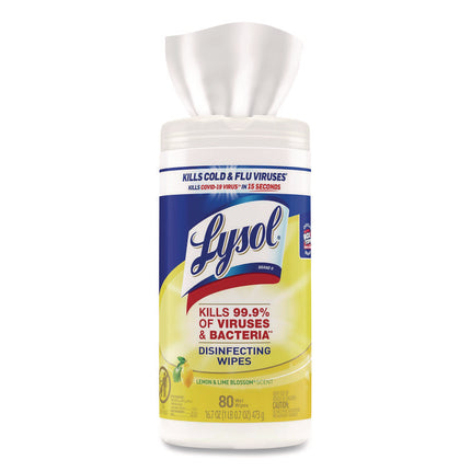 Disinfecting Wipes, 1-Ply, 7 x 7.25, Lemon and Lime Blossom, White, 80 Wipes/Canister